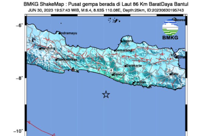 INFORMASI BMKG : Gempa 6,4 SR yang berlokasi 86 KM di sebelah Barat Daya Bantul, DIY pada hari ini (30/06).