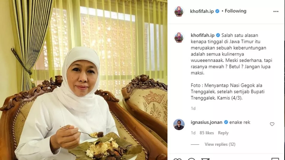 Postingan Gubernur Jatim Khofifah saat makan Nasi Gegok