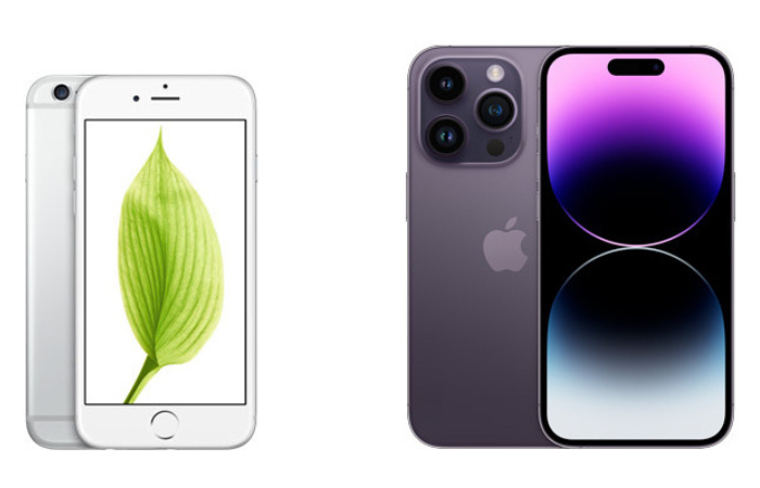 Perbandingan iPhone 6 (kiri) dengan iPhone 14 Pro Max (kanan)