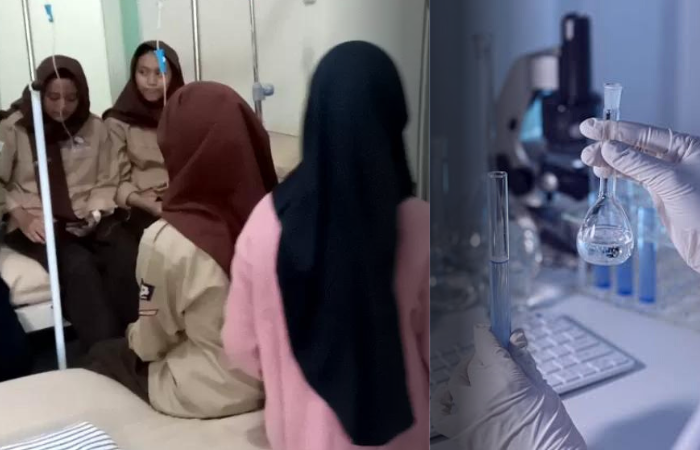 Petugas kesehatan mengambil sample makanan dan minuman yang diduga menjadi penyebab keracunan 10 siswa MTSN 4 Tulungagung.