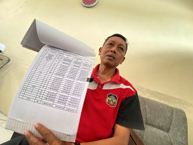 HARUS DETAIL: Kabid Ketenagakerjaan Dinkop, UKM, dan Naker Kota Blitar Dwi Andri Susiono menunjukkan daftar tagihan pekerja PT Bokor Mas dan Pura Perkasa Jaya, Jumat (15/9/2023).