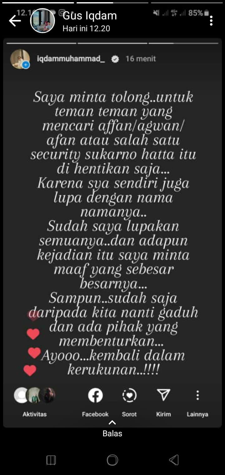 Tangkapan layar berisi permintaan Gus Iqdam kepada jemaah dan santri untuk menjaga kerukunan.