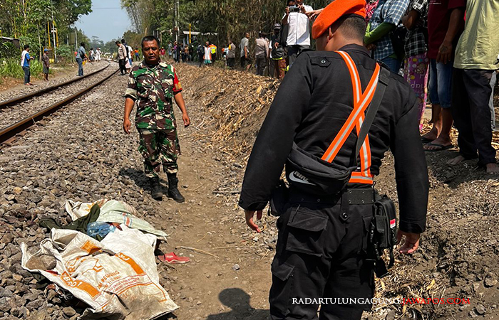 TRAGIS: Petugas melakukan evakuasi atas tubuh NAN yang diduga tewas bunuh diri dengan cara menabrakkan diri ke KA di Desa Kendalrejo, Kecamatan Talun, Rabu (18/10/2023).