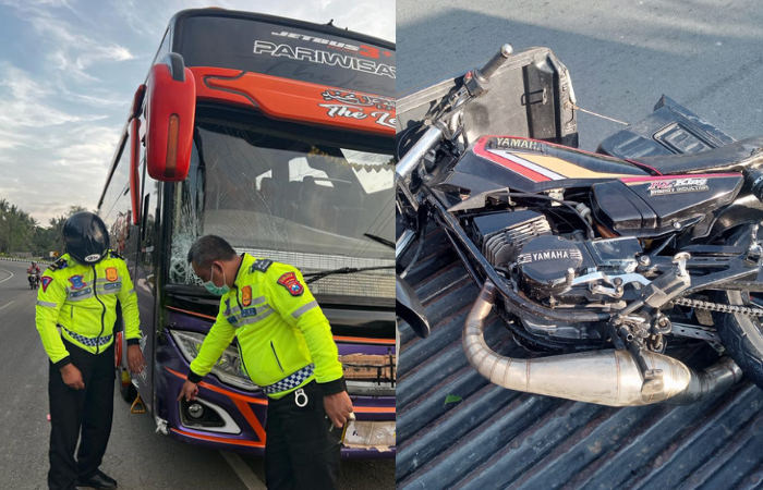 INI KERUSAKANNYA : Kondisi Bus Hino yang terlibat laka lantas di JLS masuk wilayah Desa Tasikmadu, Kecamatan Watulimo, Kecelakaan itu mengakibatkan pengendara RX King Tewas.