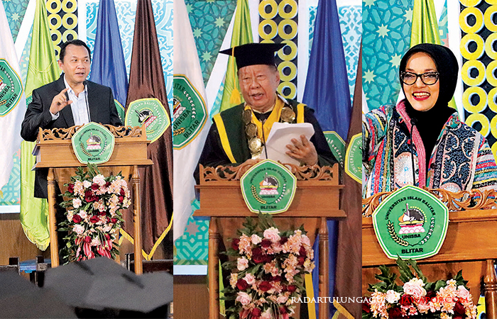 SELAMAT: Ketua Yayasan UNISBA Hidayatur Rahman SE MM (kiri) Rektor UNISBA Blitar (tengah) Assoc Prof Dr Hj Marissa Grace Haque SH MHum MBA MH (kanan) menyampaikan sambutan pada wisuda UNISBA Blitar.