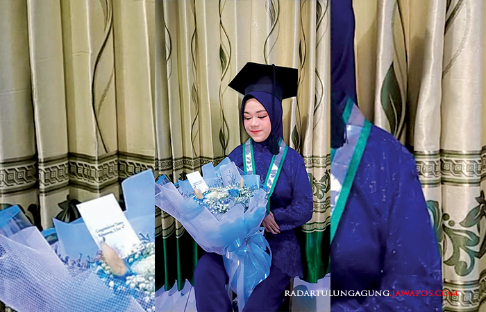 GIGIH BERILMU: Tsania Rahmawati usai menjalani wisuda sarjana Unisba Blitar beberapa waktu lalu.