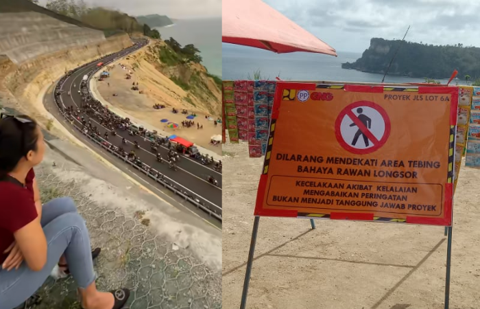 Kompilasi foto pengunjung sedang menikmati JLS Lot 6 Tulungagung dari atas tebing. Papan imbauan yang justru dipakai jualan minuman sasetan.