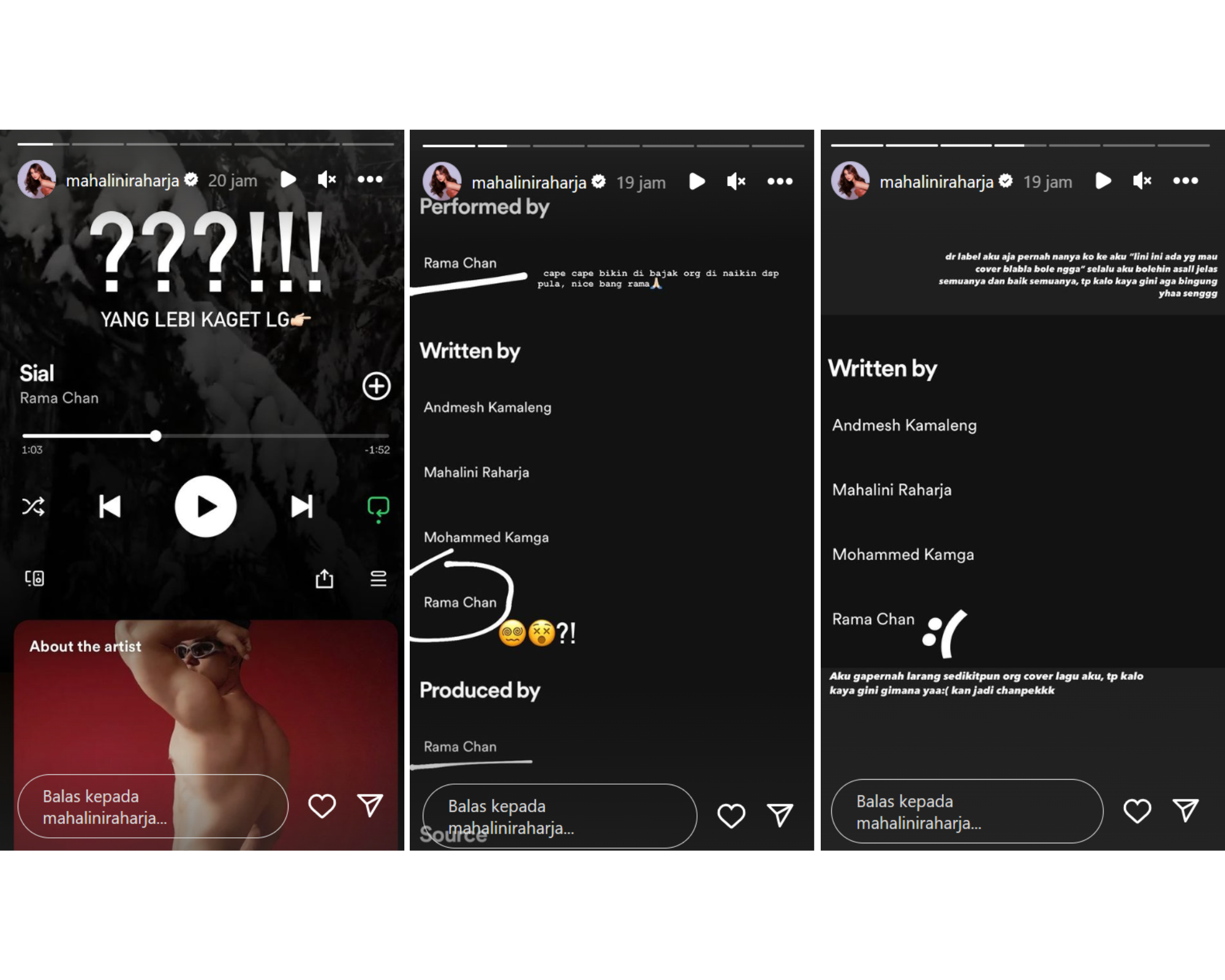 Kolase tangkapan layar story Instagram @mahaliniraharja soal lagu Sial miliknya diduga diklaim penyanyi lain.
