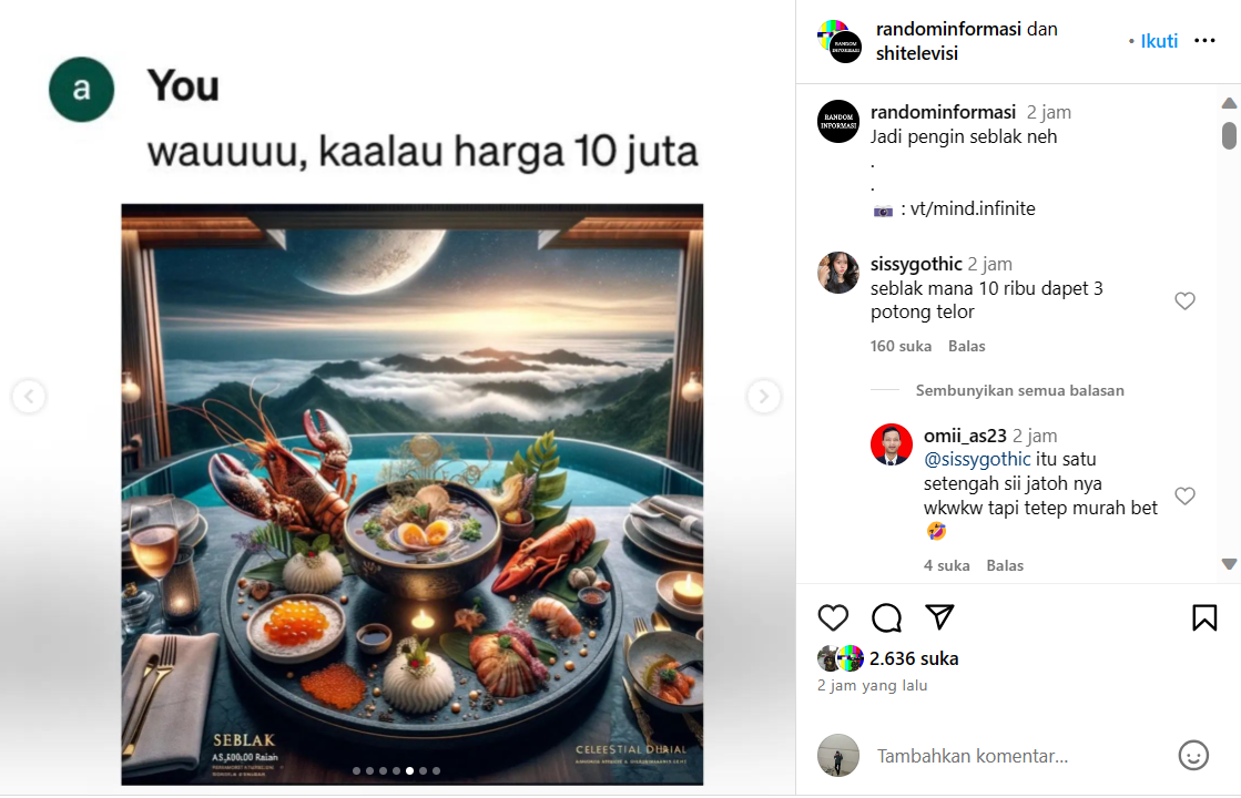 Penampakan fiktif seblak mewah harga puluhan juta ini bikin netizen gagal fokus. @mind.infinite