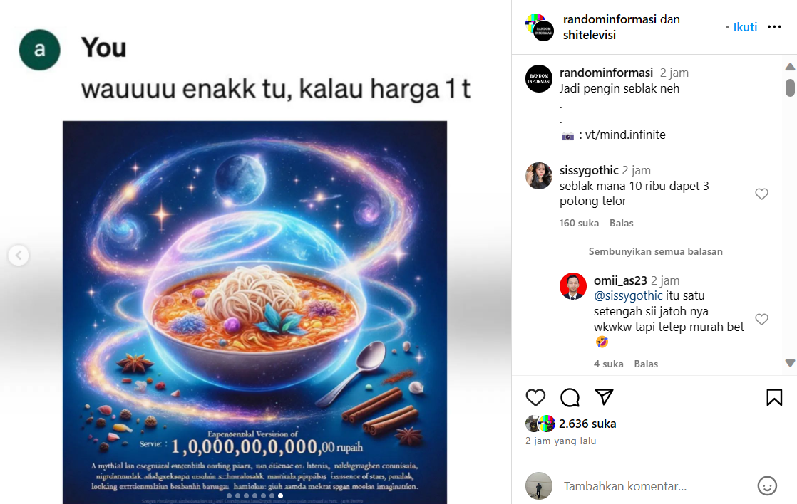 Penampakan fiktif seblak mewah harga puluhan juta ini bikin netizen gagal fokus.