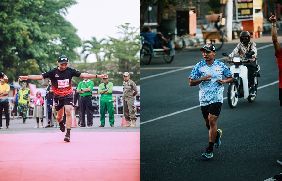 PEDULI KESEHATAN: Agil Wuisan  saat lari di Tulungagung Running Festival 2023 (kiri) dan saat lari rutin bersama komunitas Friday Running (kanan)