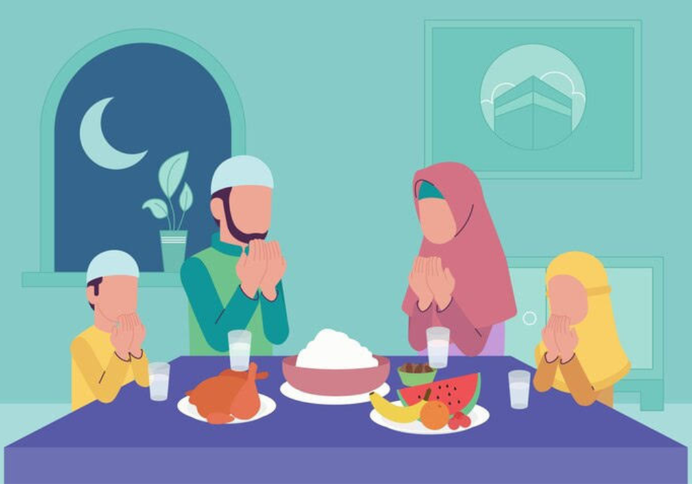 Ilustrasi keluarga buka bersama seusai berpuasa di bulan Ramadan.