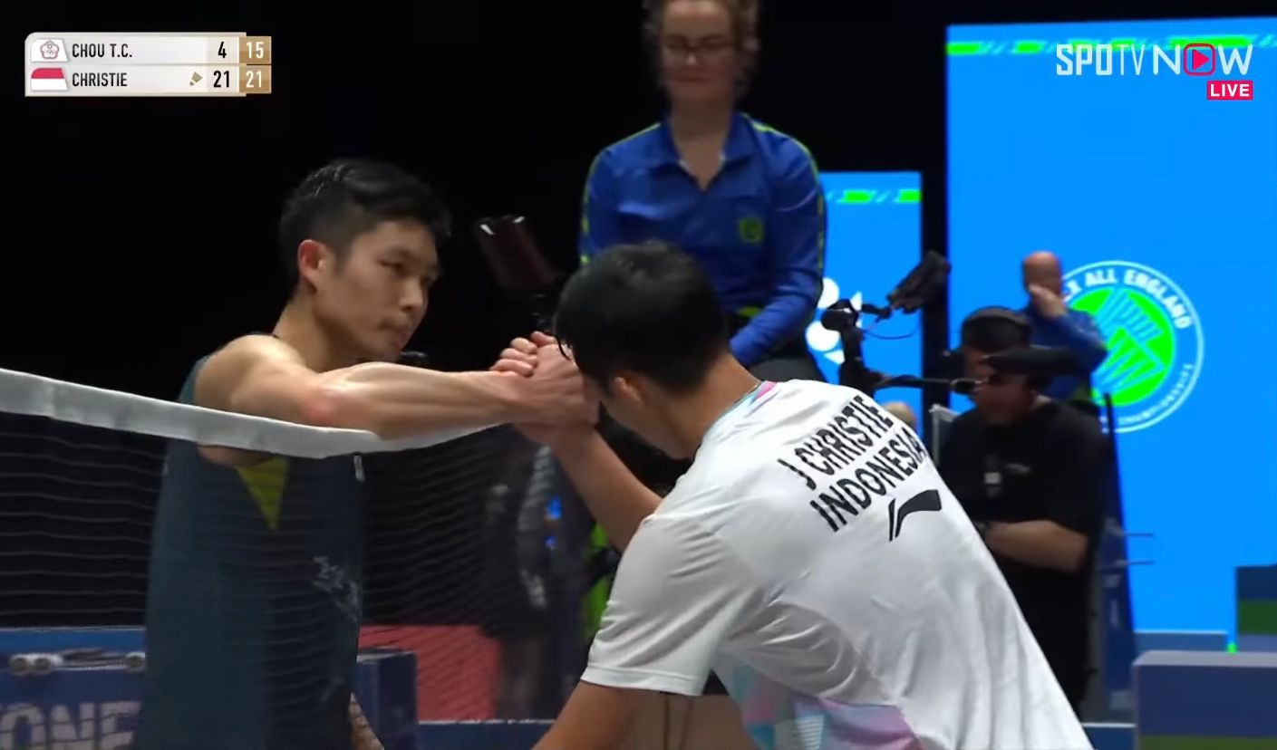 Jonatan Christie berhasil mengalahkan wakil China Taipei, Chou Tien Chen di babak 32 besar All England 2024