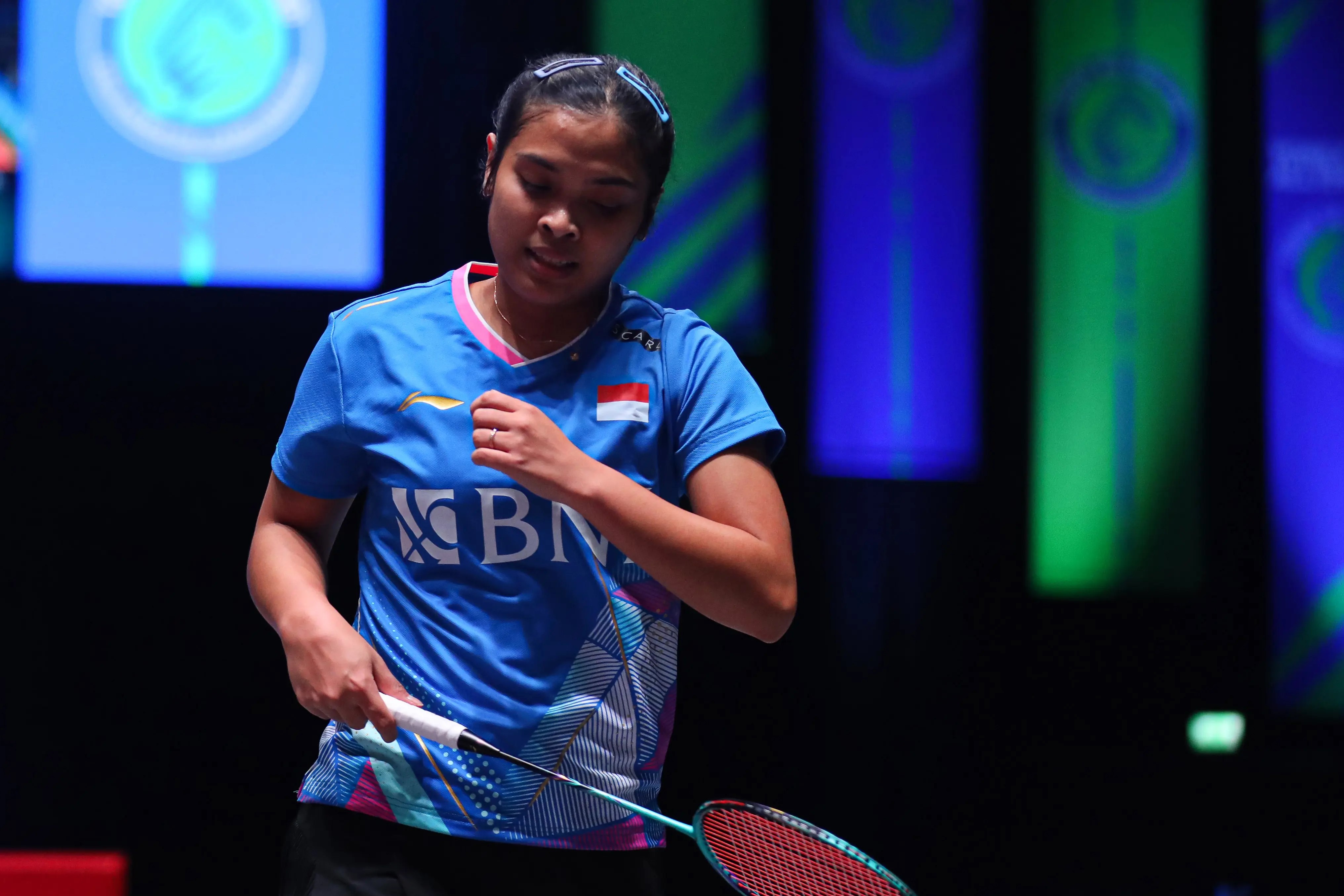 Gregoria Mariska saat bertanding di perempat final All England Open 2024.