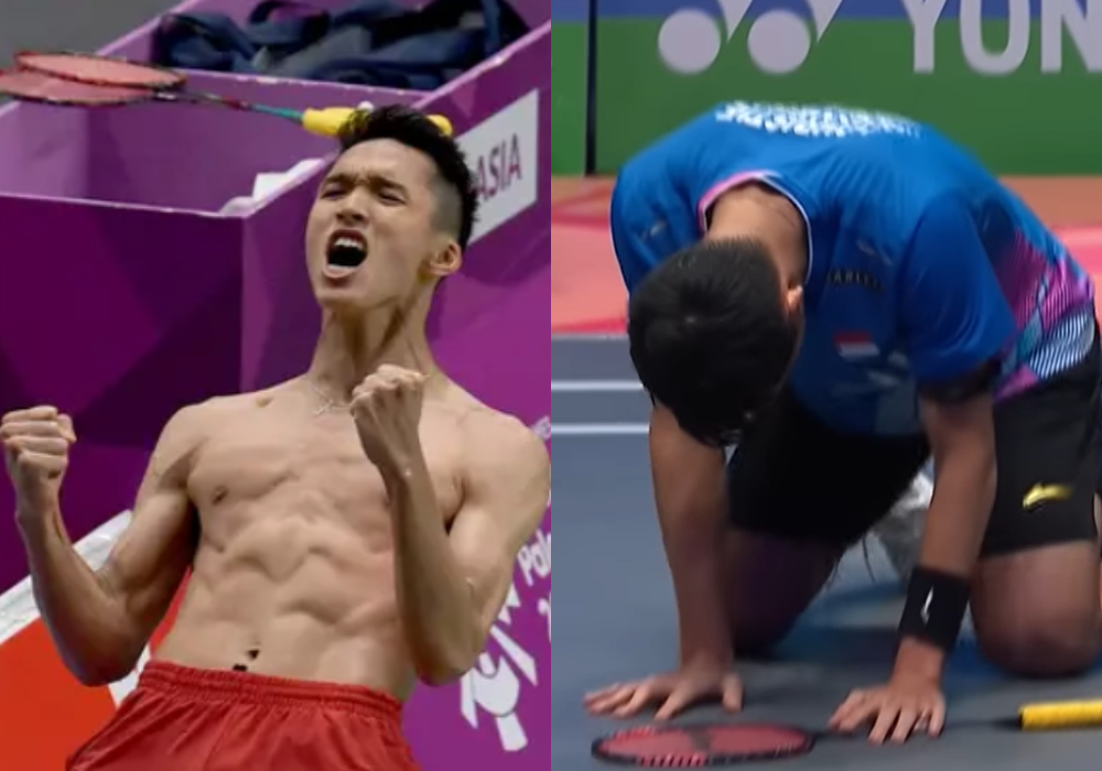 Perbedaan selebrasi Jonatan Christie saa Asian Games 2018 dan All England Open 2024.