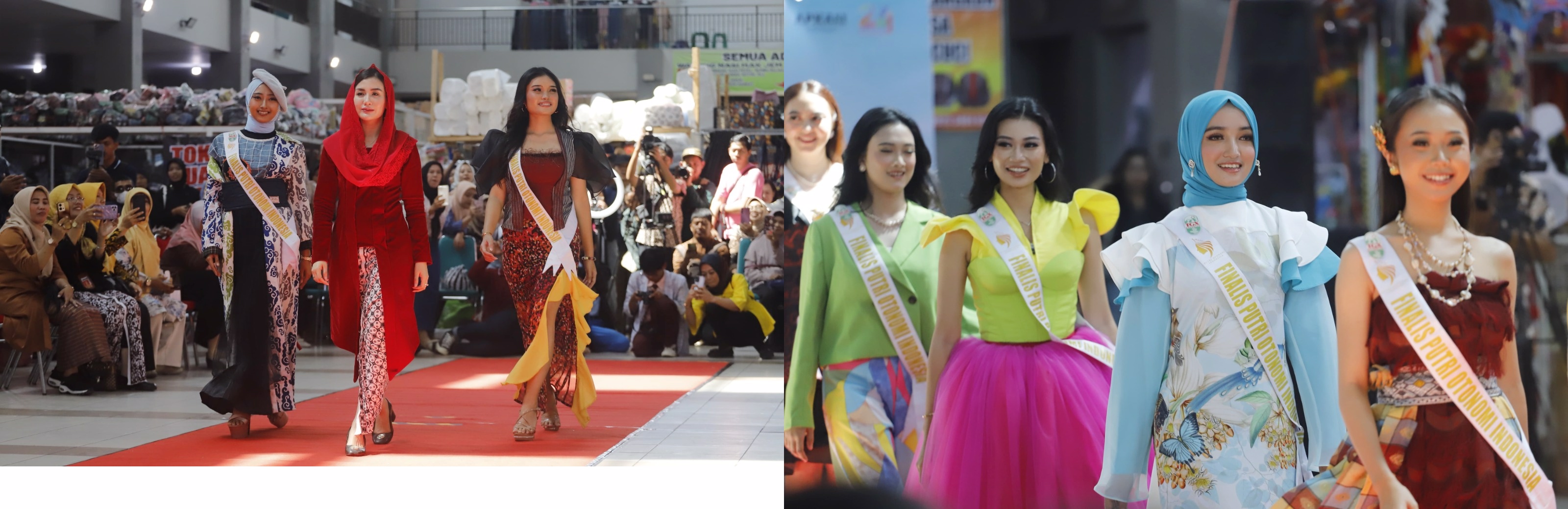 MERIAH: Ketua Dekranasda Trenggalek Novita Hardini (kebaya merah) ikut fashion show bersama finalis POI di Pasar Pon. Ini salah satu upaya gairahkan ekonomi kreatif.