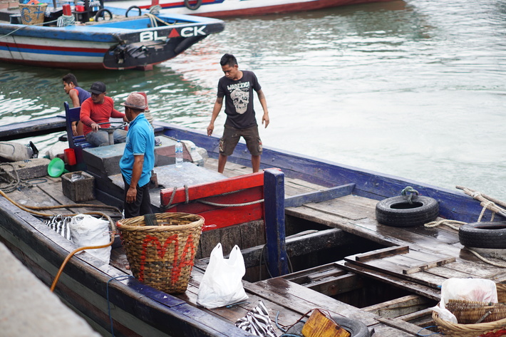 PULANG: Sejumlah nelayan menurunkan ikan hasiltangkapan dari perahu