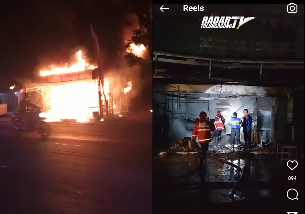 Kolase peristiwa kebakaran tempat usaha laundry di Kelurahan Tamanan, Kecamatan/Kabupaten Tulungagung, Rabu (14/8/2024).