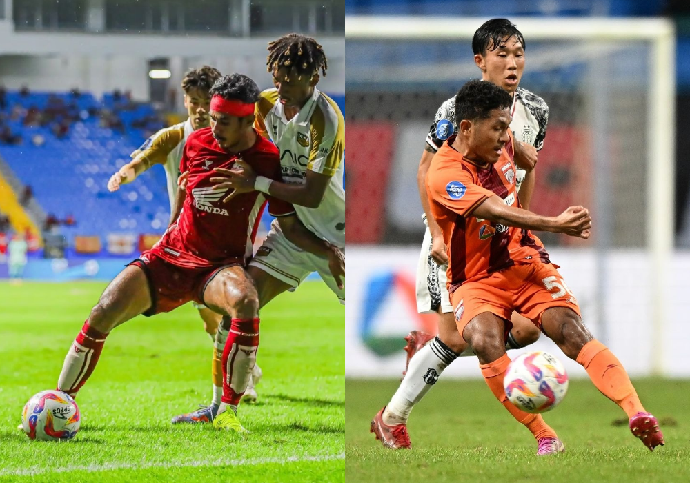 Kolase foto momen pemain PSM di lapangan hijau dan momen pemain Borneo FC saat di lapangan hijau.