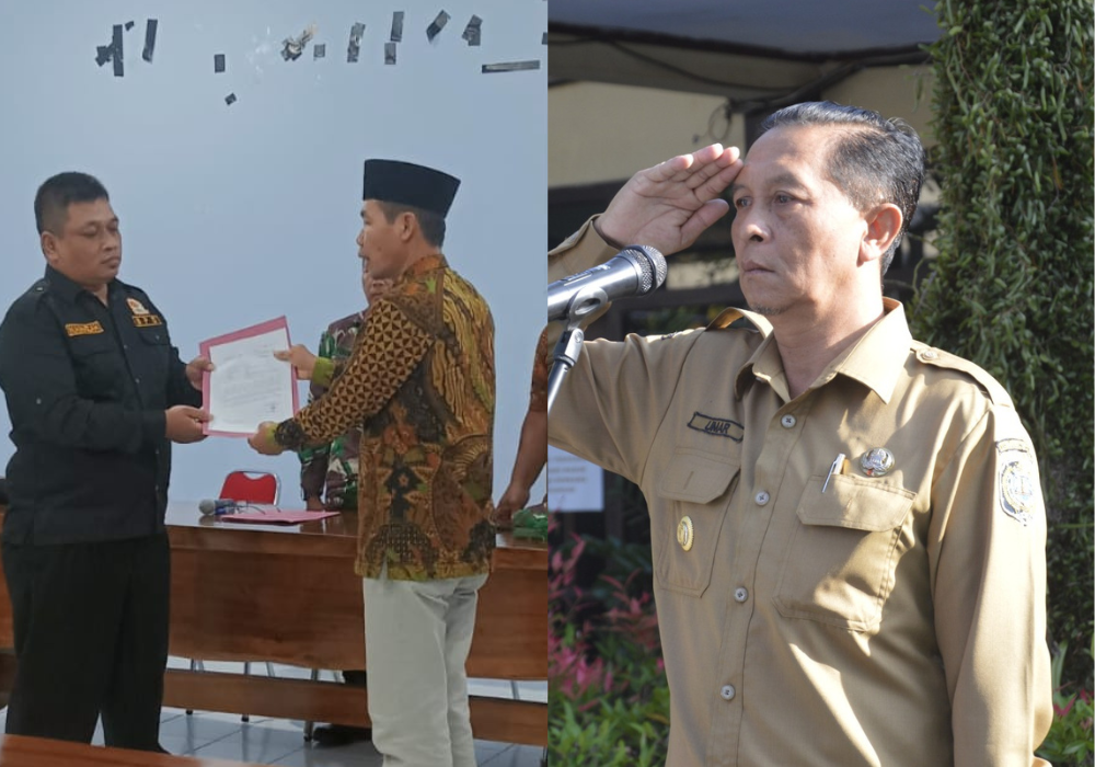 Proses pengunduran diri eks Kades Karanganom Sukar (kiri). Camat Kauman Tulungagung Umar Sirajudin.