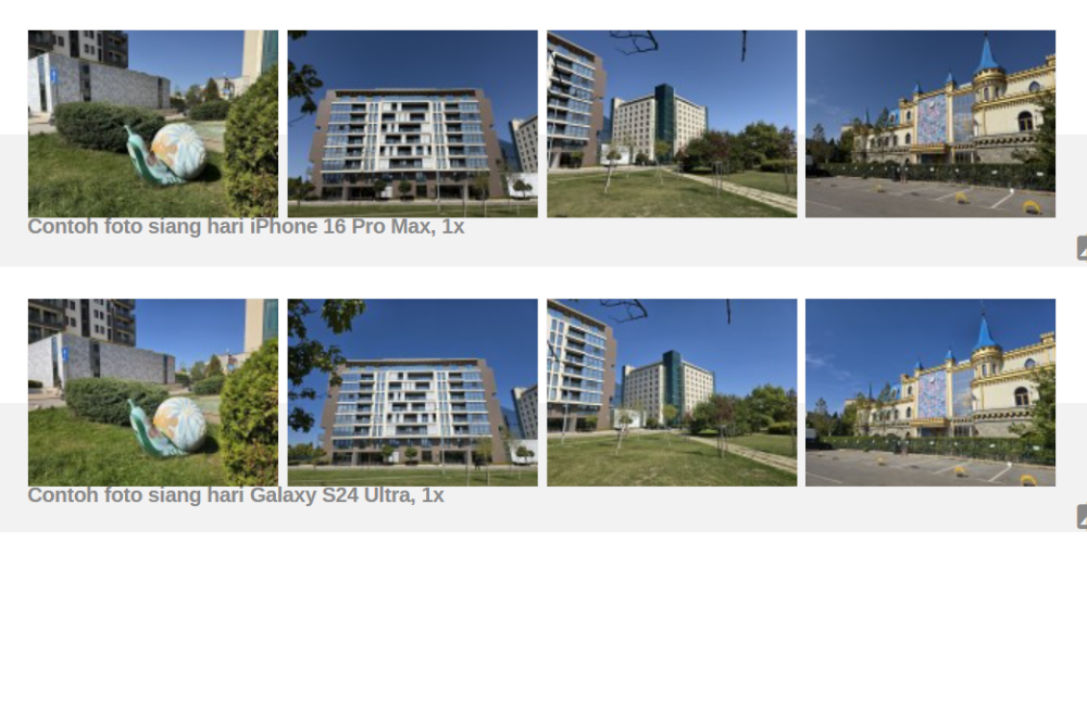 Perbandingan kamera siang zoom 1x, iPhone 16 Pro Max dan Samsung Galaxy S24 Ultra.