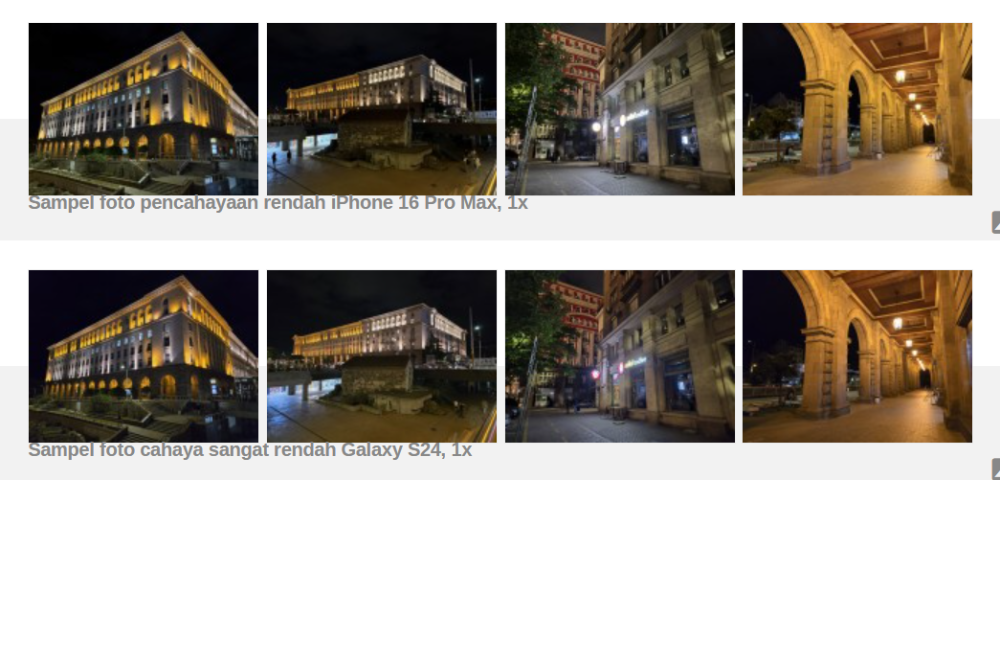 Perbandingan kamera zoom 1x, iPhone 16 Pro Max dan Samsung Galaxy S24 Ultra.