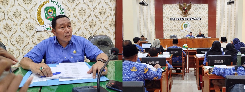 TETAP SASARAN: Ketua Komisi II DPRD Trenggalek, Mugianto. Foto kanan, suasana rapat antara komisi II DPRD dan OPD mitra untuk memastikan penggunaan anggaran.