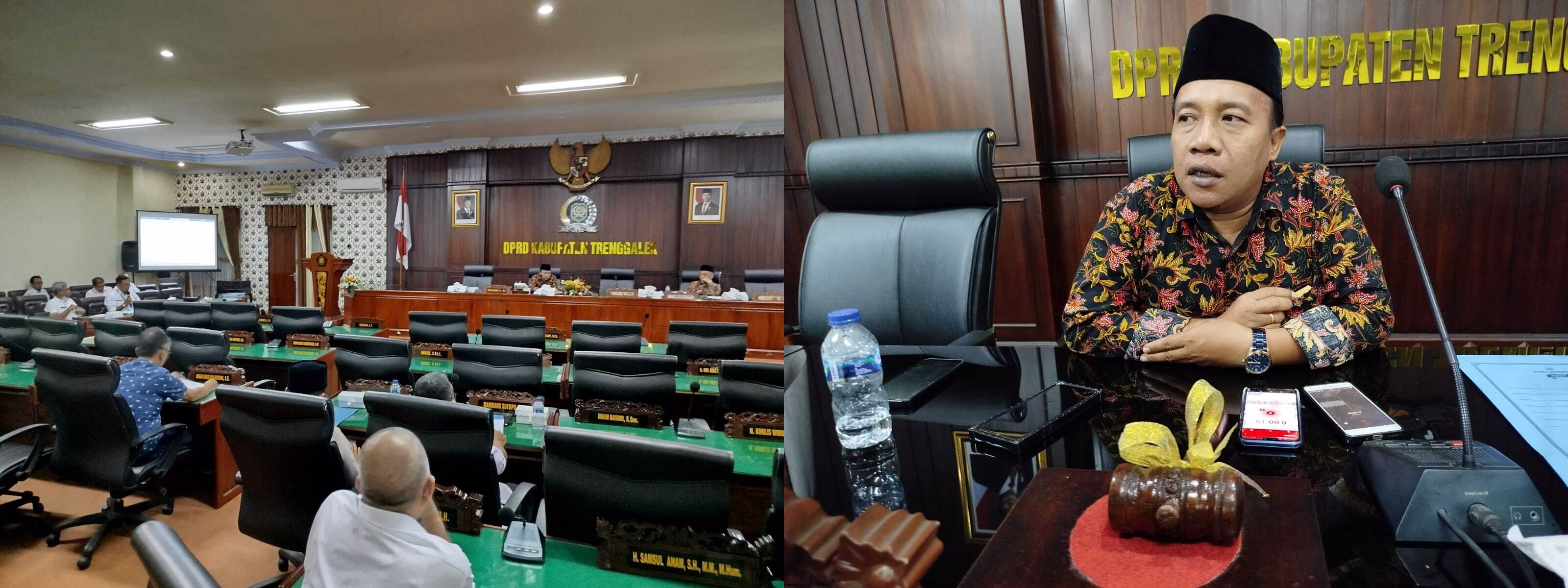 HARUS IDEAL: Suasana rapat antara Banggar dengan TAPD untuk mengevaluasi ranperda ALBD 2025. Foto kanan, Ketua DPRD Trenggalek Doding Rahmadi.
