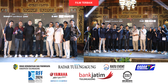 Foto kiri, General Manager Jawa Pos Radar Tulungagung Andrian Sunaryo menyerahkan trofi kepada tim Anonema Pictures atas film yang berjudul Digas. Kabid Ekraf Dinas Kebudayaan dan Pariwisata Kabupaten