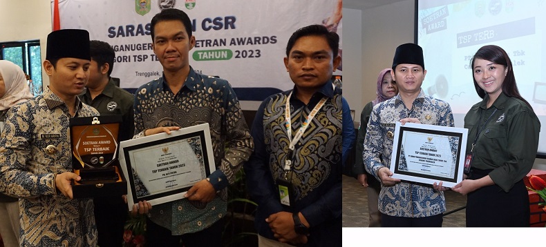 TERUS BERKARYA: Bupati Moch Nur Arifin menyerahkan penghargaan kepada  PT. Alfi Putra dan PT. Pertamina Patra Niaga Fuel Terminal Madiun, dan Pemimpin Bank Jatim Cabang Trenggalek.