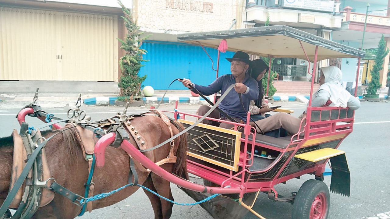 Handoko, salah satu pemilik dokar wisata di Tulungagung, saat mengantar penumpangnya keliling kota.