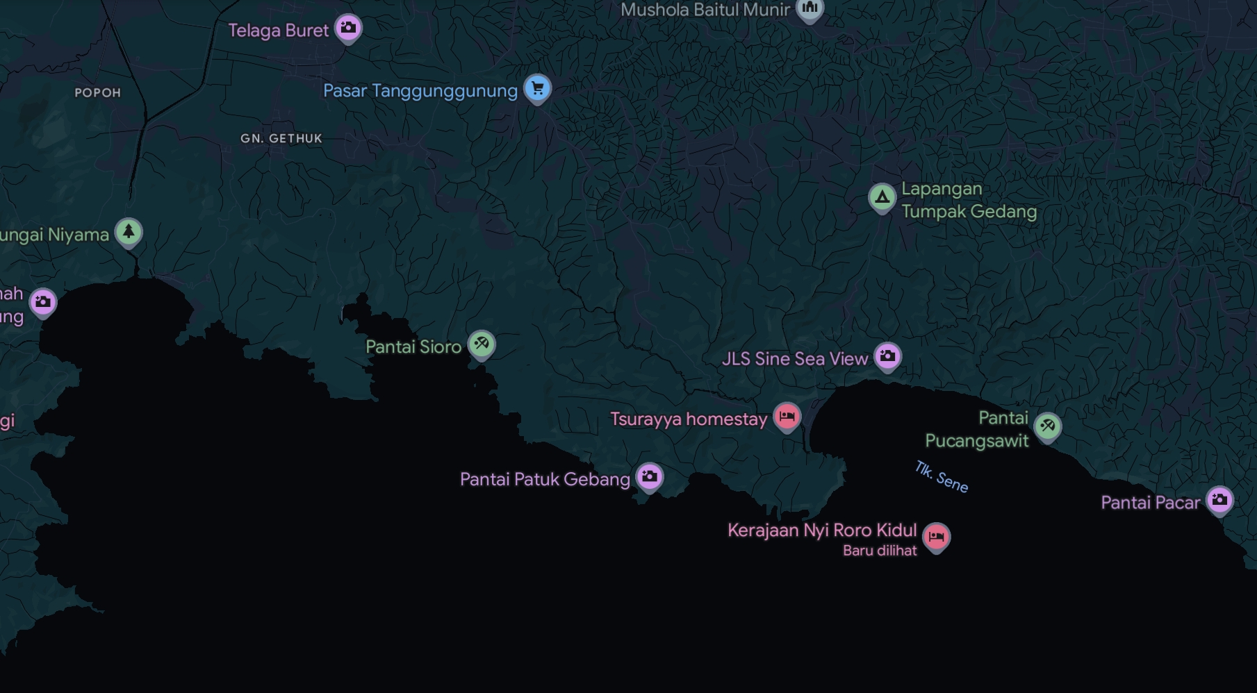 Wilayah pesisir selatan Tulungagung yang terlihat di Googgle Maps