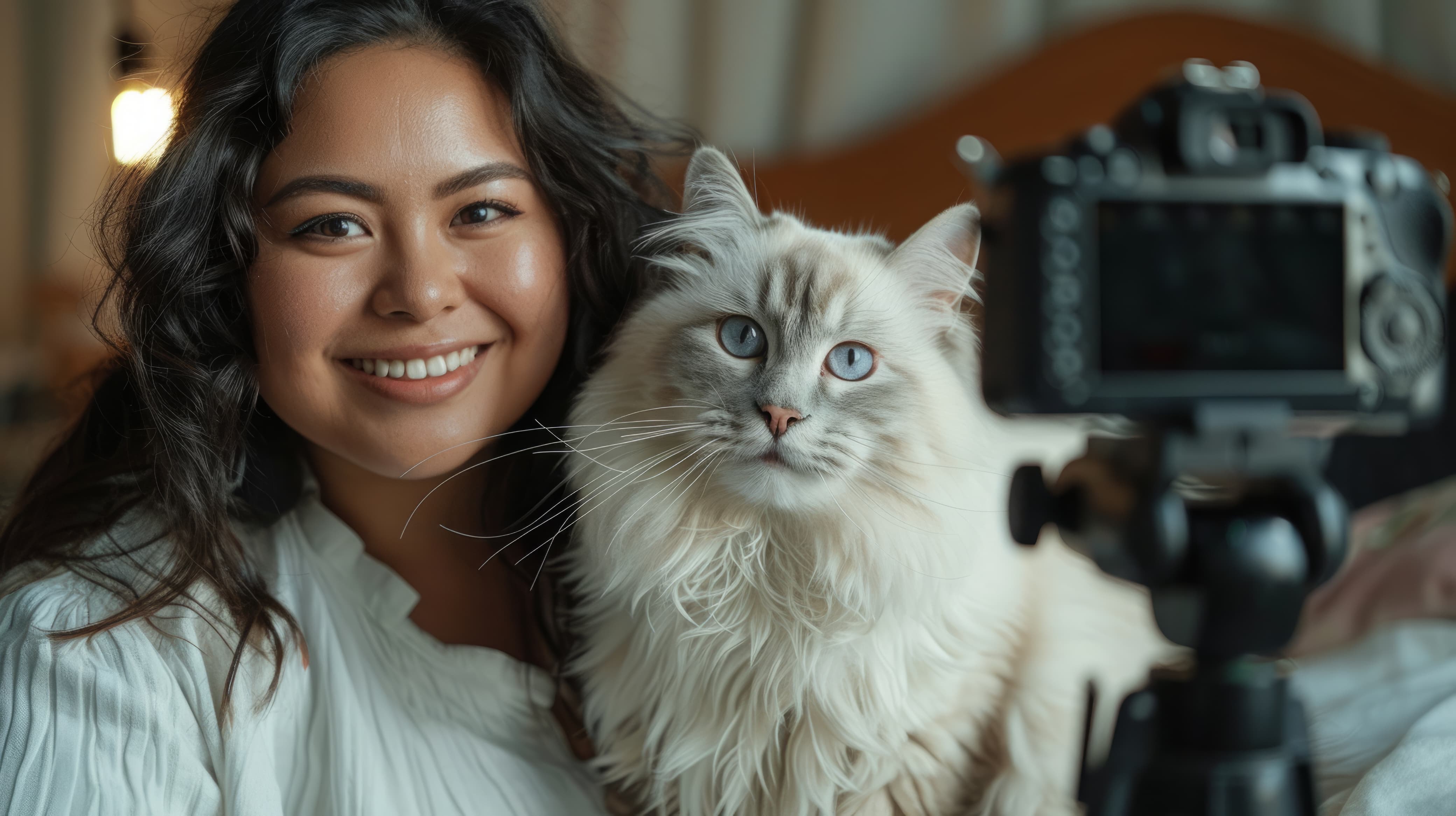 Fotografer wanita sedang memotret kucingnya sendiri