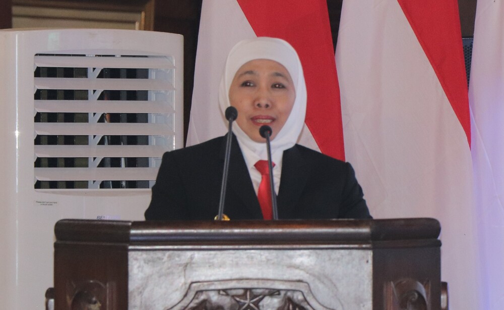 Gubernur Jatim Khofifah Indar Parawansa sat menghadiri sertijab bupati Tulungagung 2025-2030, Selasa (4/3).