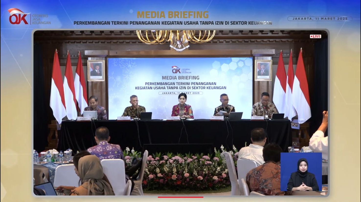 Media Briefing Perkembangan Terkini Penanganan Kegiatan Usaha Tanpa Izin di Sektor Keuangan. Selasa, 11 Maret 2025.