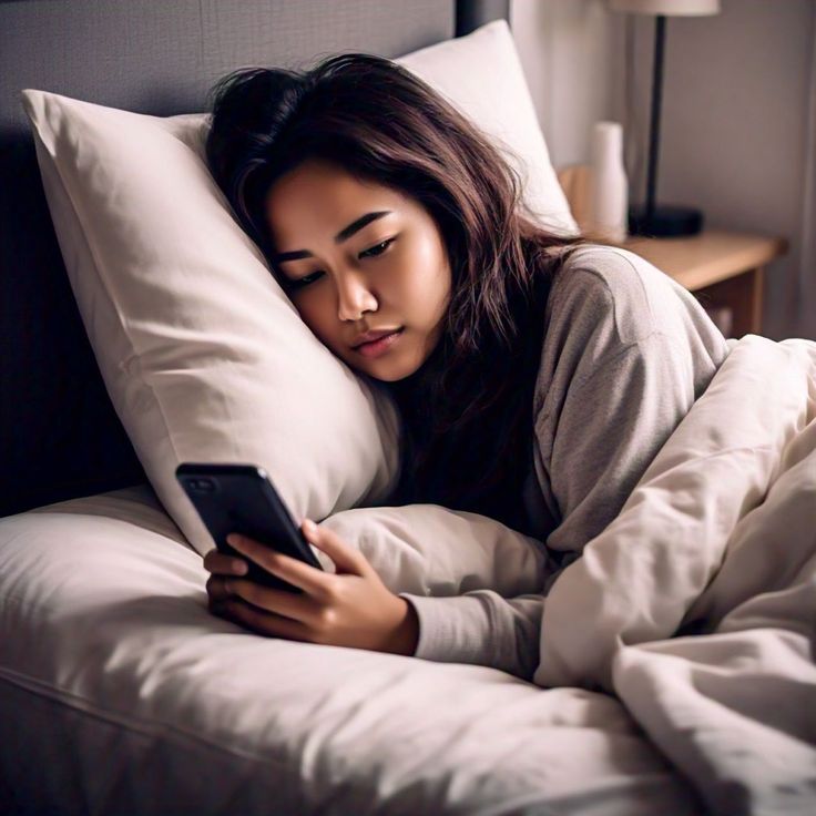 Wanita sedang bermain hp ketika mau tidur @Rona senja (pinterest)