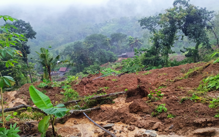 Kondisi tebing di Dusun Kebon Agung, Desa Depok, Kecamatan Bendungan, Trenggalek yang longsor menimpa rumah warga, Senin (19/5/2025).