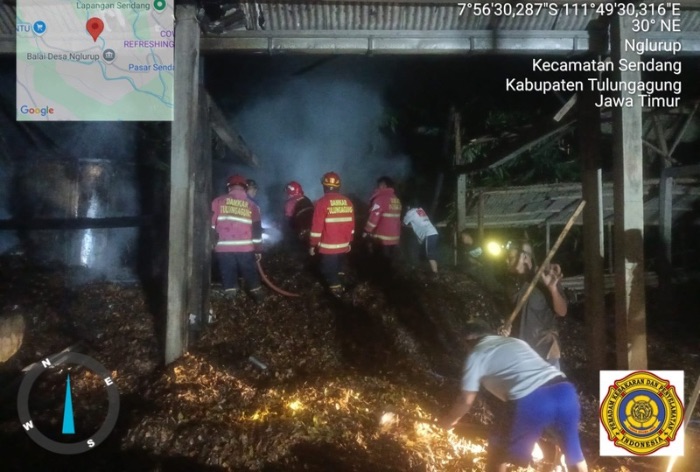 Tumpukan daun cengkeh kering hangus terbakar di Kecamatan Sendang, Tulungagung.