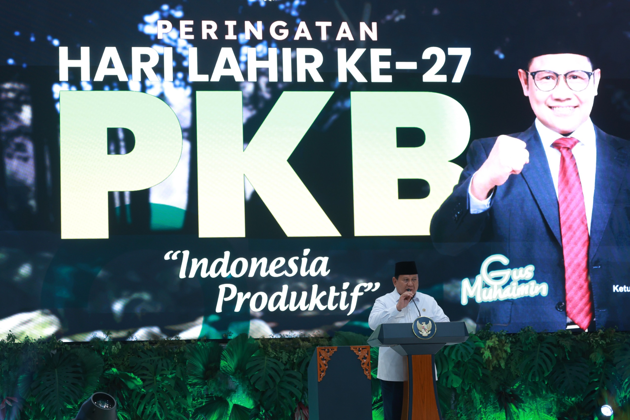 Presiden Prabowo beri sambutan  di Harlah ke-27 Partai Kebangkitan Bangsa (PKB), Rabu (23/7/2025) malam.