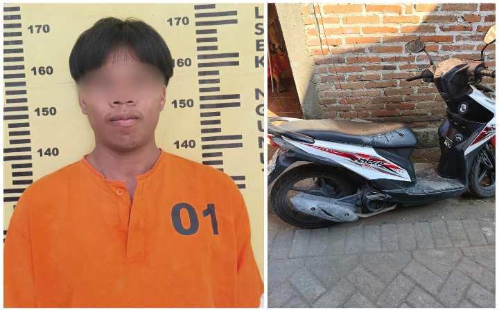 Pelaku NEP, warga Desa Kacangan, Kecamatan Ngunut, Kabupaten Tulungagung, dan brang bukti diamankan polisi, Minggu (20/7/2025).&nbsp;