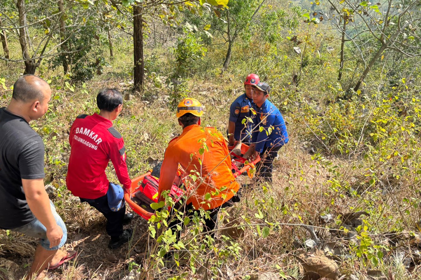Tim gabungan mengevakuasi Keisya Alvaro Prayogi yang terpeleset di Gunung Cemenung. (POLRES TULUNGAGUNG)