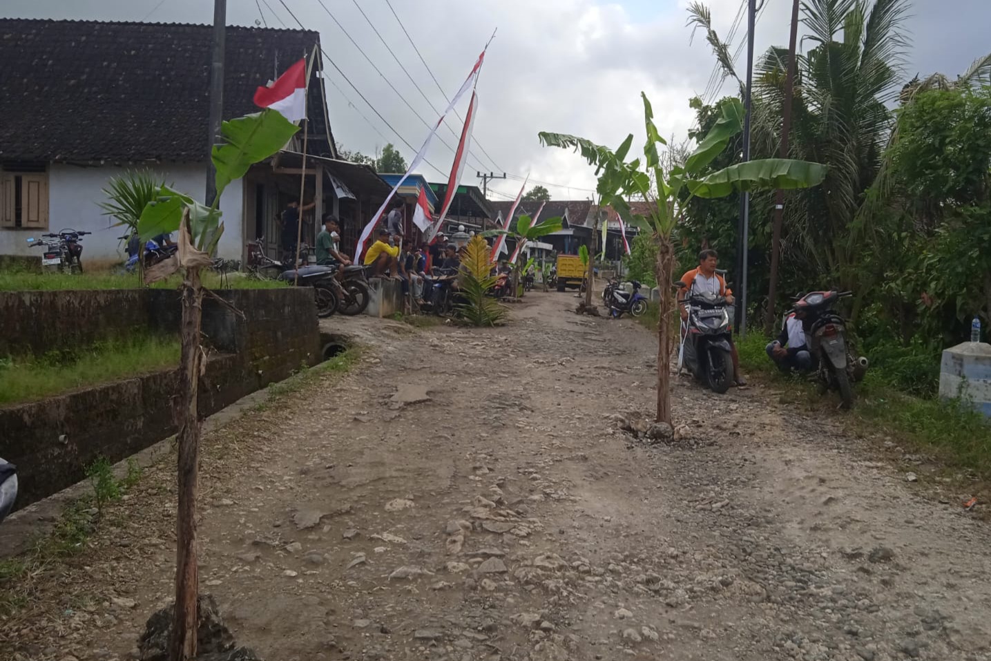 Jalan di Desa/Kecamatan Tanggunggunung yang rusak dan ditanami pisang.