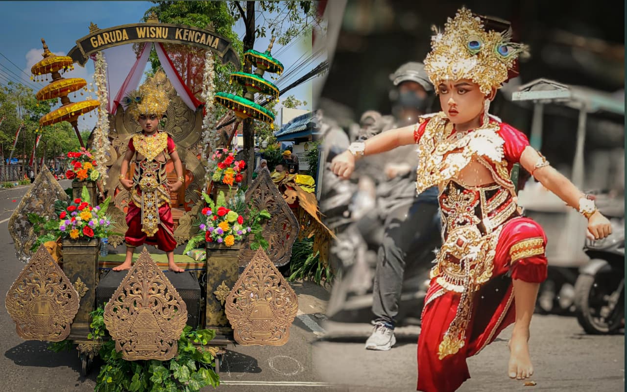 Wishnu bocah viral saat pawai Bhineka Tunggal Ika di Tulungagung 2025.