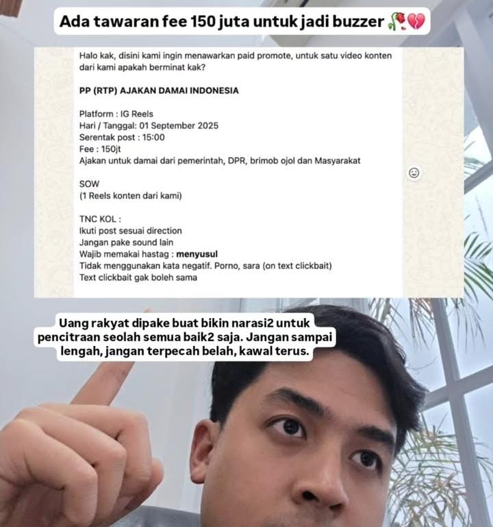 unggahan Jerome Polin di Instagram pribadinya mengenai Buzzer Rp.150 juta pada jum at (29/8) (intagram: @jeromepolin)