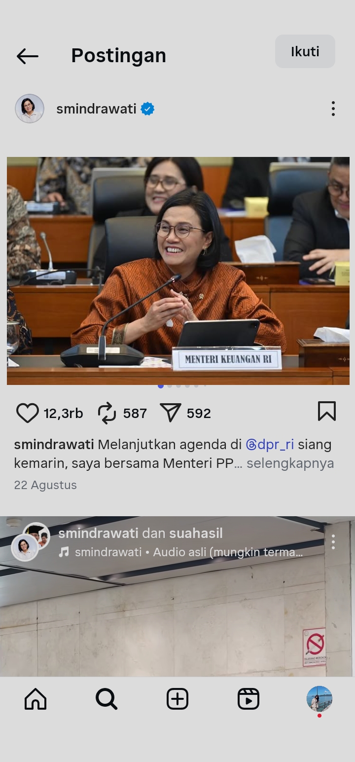 Menteri Keuangan Sri Mulyani Indrawati. (Instagram: @smindrawati)