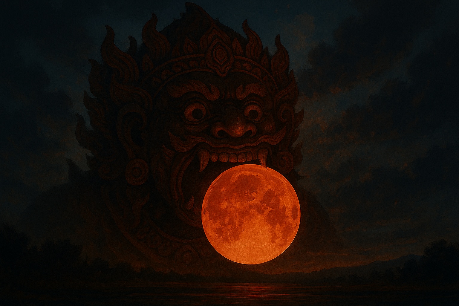 Ilustrasi seorang raksasa menelan bulan yang dari mitos masyarakat penyebab gerhana.