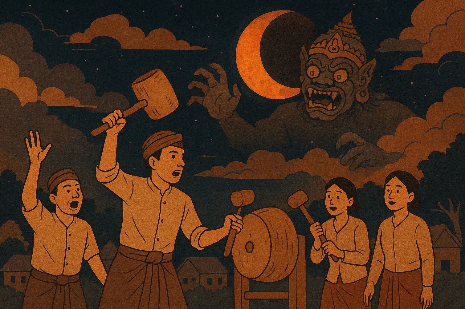 Masyarakat sering menabuh kentongan dan lain sebagainya saat gerhana bulan terjadi.