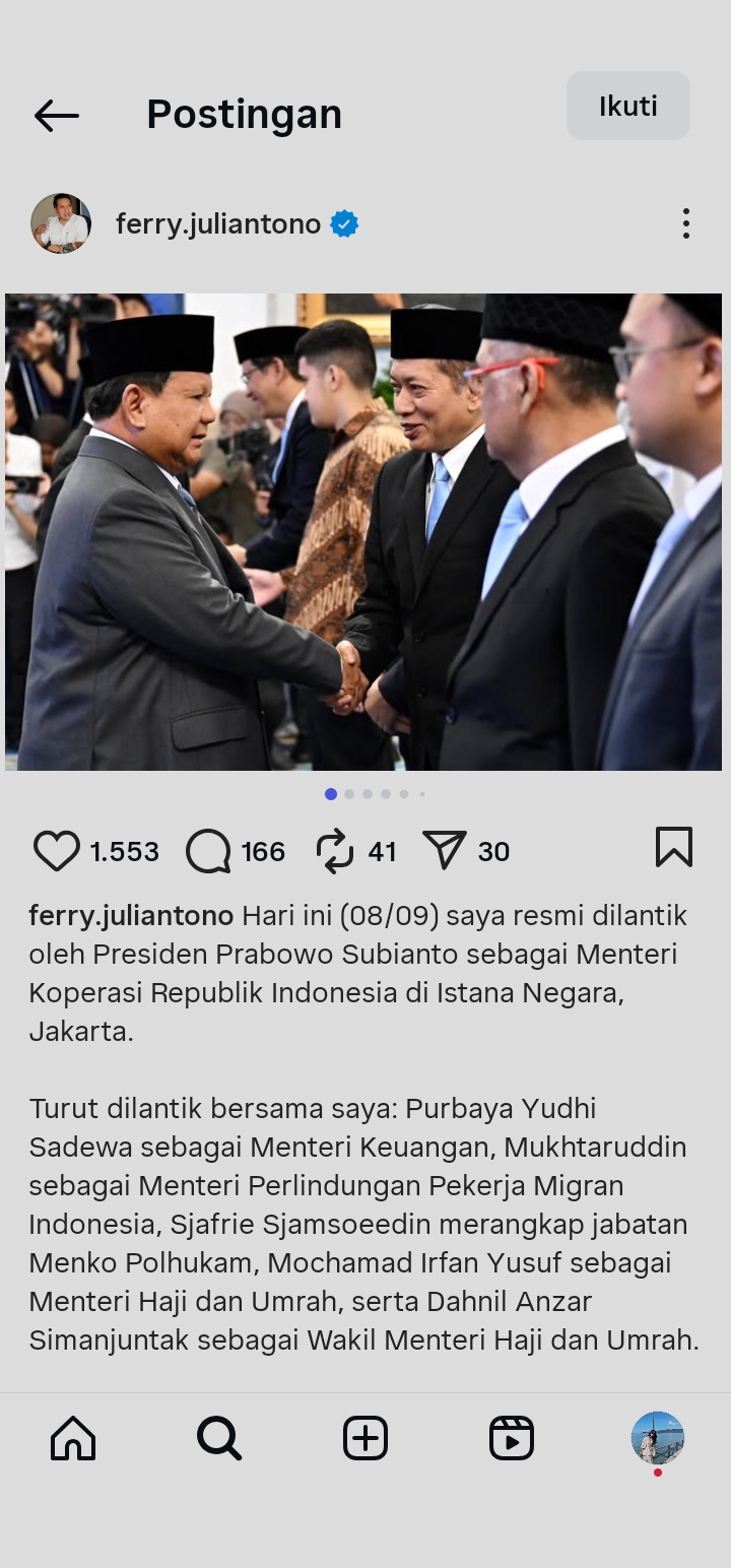 Ferry Juliantono resmi dilantik oleh Presiden Prabowo Subianto sebagai Menteri Koperasi. (Instagram: @ferry.juliantono)