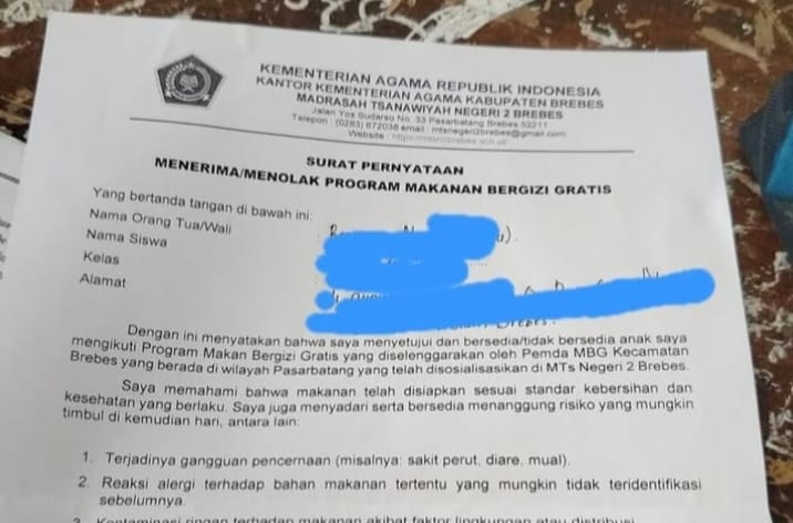 TUAI KONTROVERSI: Tangkapan layar surat pernyataan makan bergizi gratis yang diduga beredar di Brebes, Jawa Tengah.