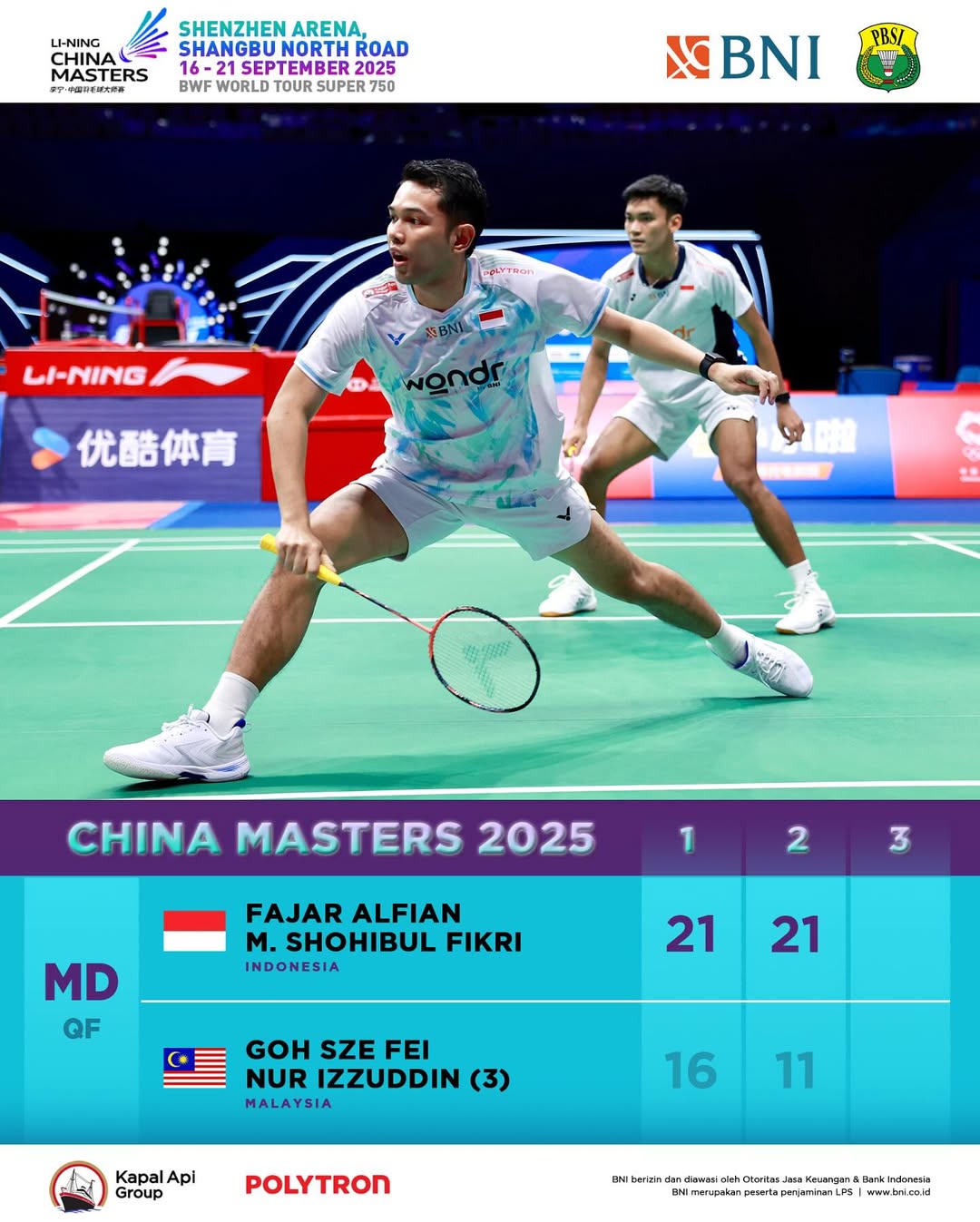 Fajar/Fikri melaju ke babak semi final China Masters 2025. (PBSI)